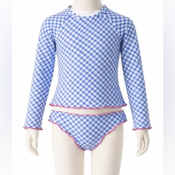 Hobie Girls 2-Piece Rashguard Swimsuit Spf-50 Gingham Blue White Pink